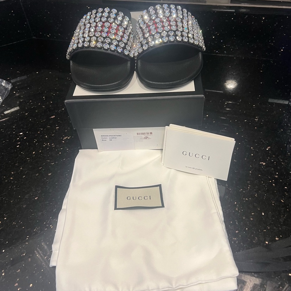 Gucci Black and Red Crystal Embellished Slides